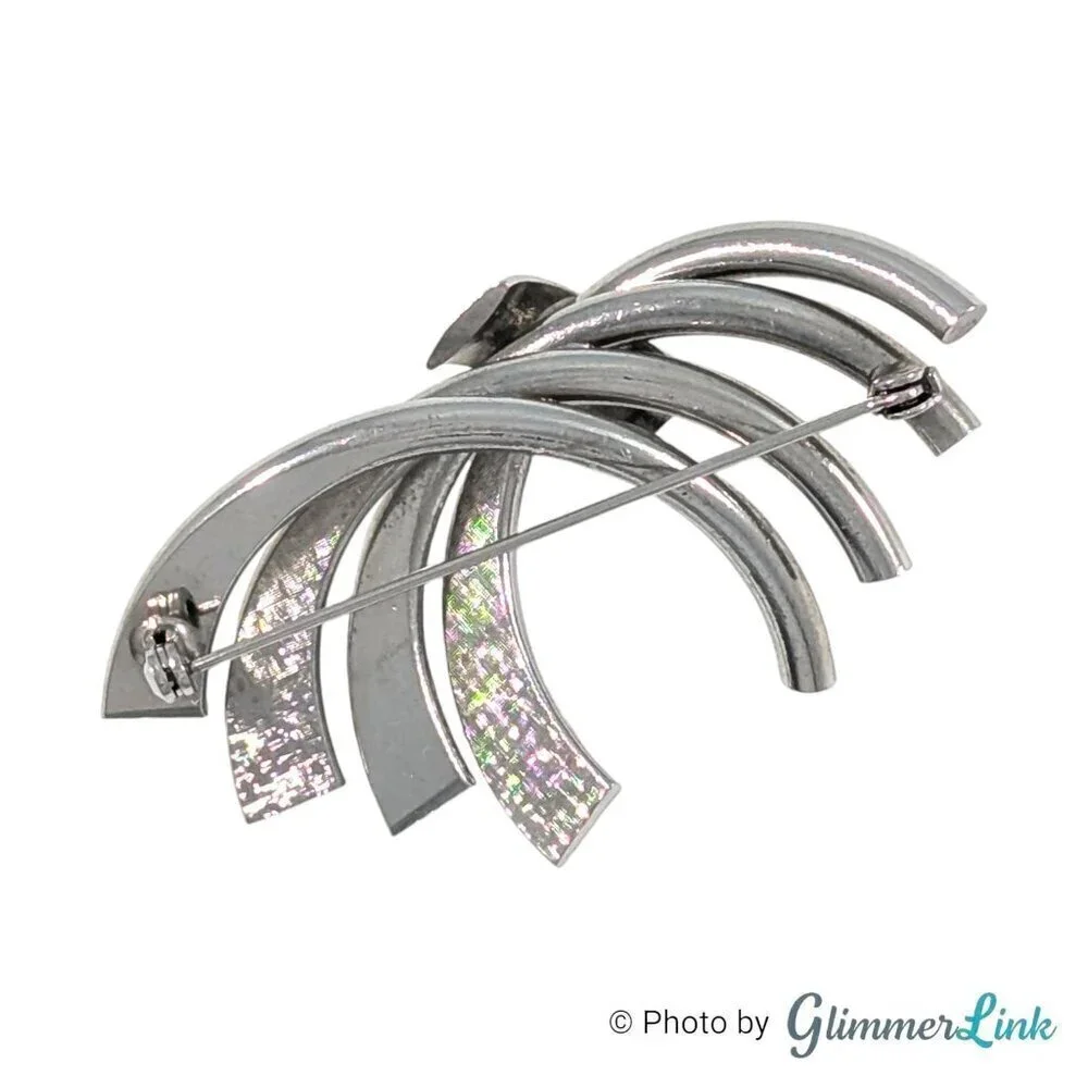 Vintage Modernist Bow Ribbon Arched Silver Tone Brooch Pin